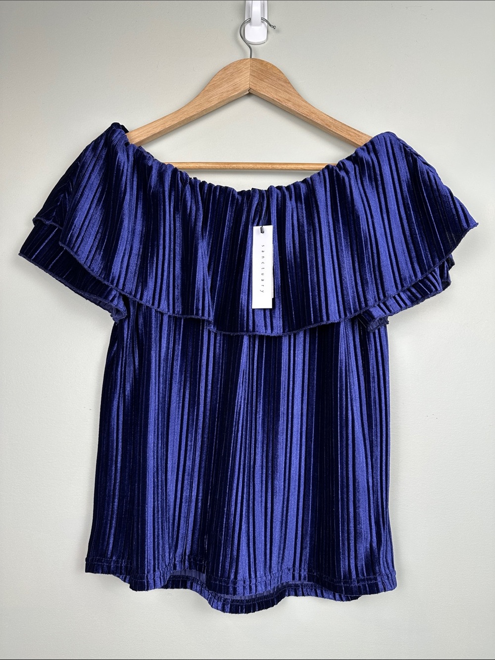 Sanctuary Off-the-Shoulder Ribbed Velvet Ruffle Top Purple Romantic Feminine